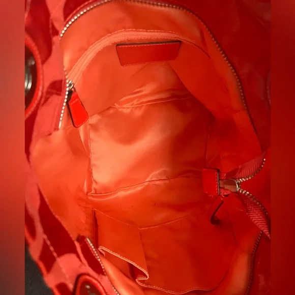 Coach Crimson Orange Signature Nylon ToteBag Leather Trim/Hangtag + Dust Bag 12” - Picture 13 of 16